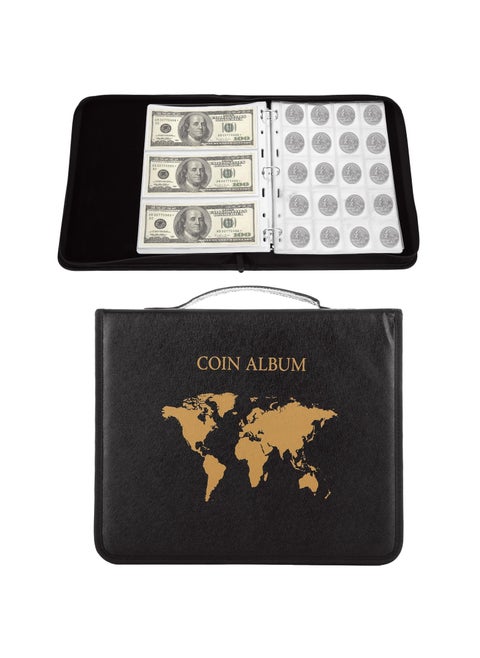 Coin Collection Book, Holder for Collectors, 200 Pockets Coins, Collecting Album with Zipper and Handle & 30 Sleeves Paper Money Display Storage, Case for Coin Currency Collection Supplies