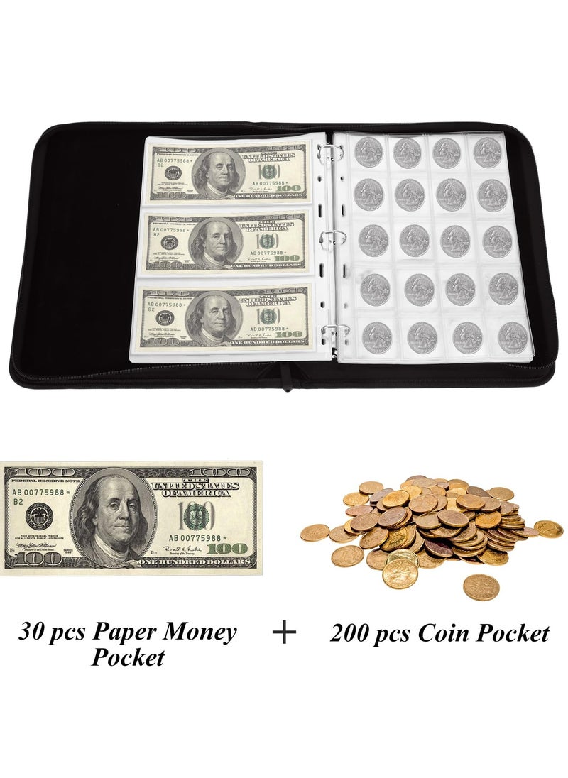 Coin Collection Book, Holder for Collectors, 200 Pockets Coins, Collecting Album with Zipper and Handle & 30 Sleeves Paper Money Display Storage, Case for Coin Currency Collection Supplies