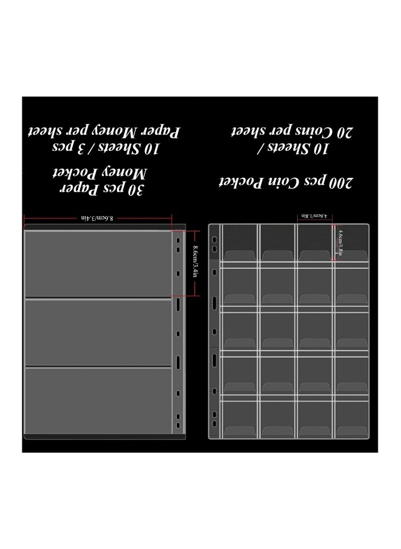 Coin Collection Book, Holder for Collectors, 200 Pockets Coins, Collecting Album with Zipper and Handle & 30 Sleeves Paper Money Display Storage, Case for Coin Currency Collection Supplies