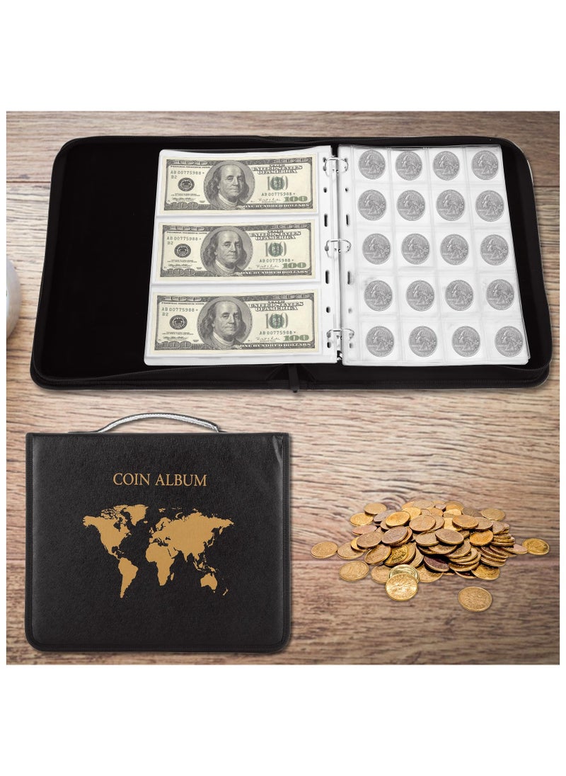 Coin Collection Book, Holder for Collectors, 200 Pockets Coins, Collecting Album with Zipper and Handle & 30 Sleeves Paper Money Display Storage, Case for Coin Currency Collection Supplies