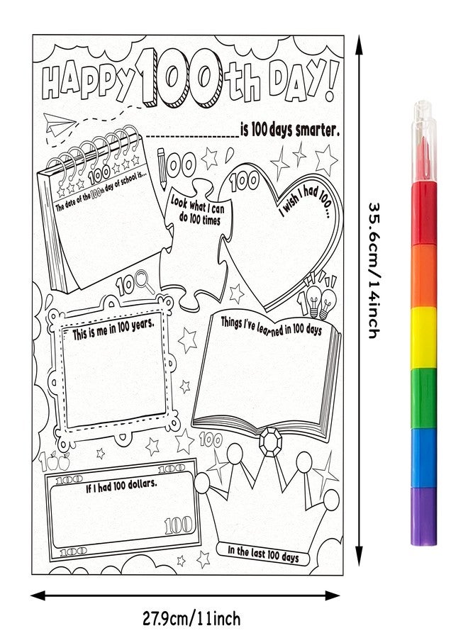 Cinrobiye 30 Pcs Happy 100th Day Coloring Poster Pack with 30 Stacking Crayons for School Party Favors，100 Days of School Ideas Project Chart Fill in Poster School Craft Classroom Activities Supply - Image 2