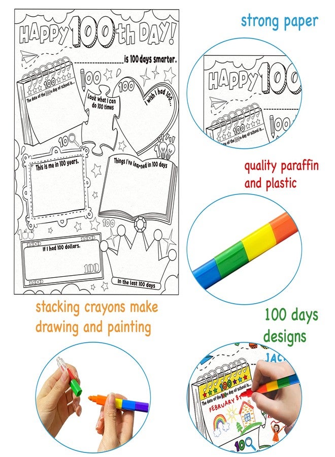 Cinrobiye 30 Pcs Happy 100th Day Coloring Poster Pack with 30 Stacking Crayons for School Party Favors，100 Days of School Ideas Project Chart Fill in Poster School Craft Classroom Activities Supply - Image 3