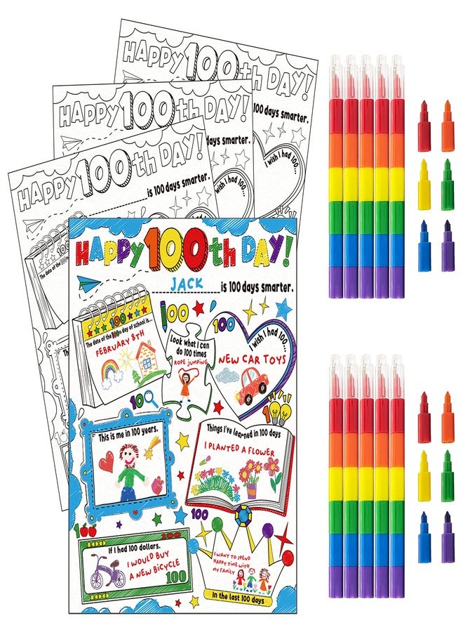 Cinrobiye 30 Pcs Happy 100th Day Coloring Poster Pack with 30 Stacking Crayons for School Party Favors，100 Days of School Ideas Project Chart Fill in Poster School Craft Classroom Activities Supply - Image 1