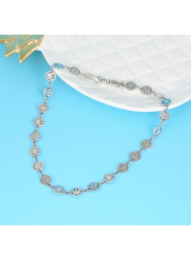 Multiple Smile Expression Necklace Cute Smiling Face Clavicle Chain Korea Dongdaemun S925 Sterling Silver Thai Silver Retro Short Style-Color:40+3cm-925 Silver - Image 3