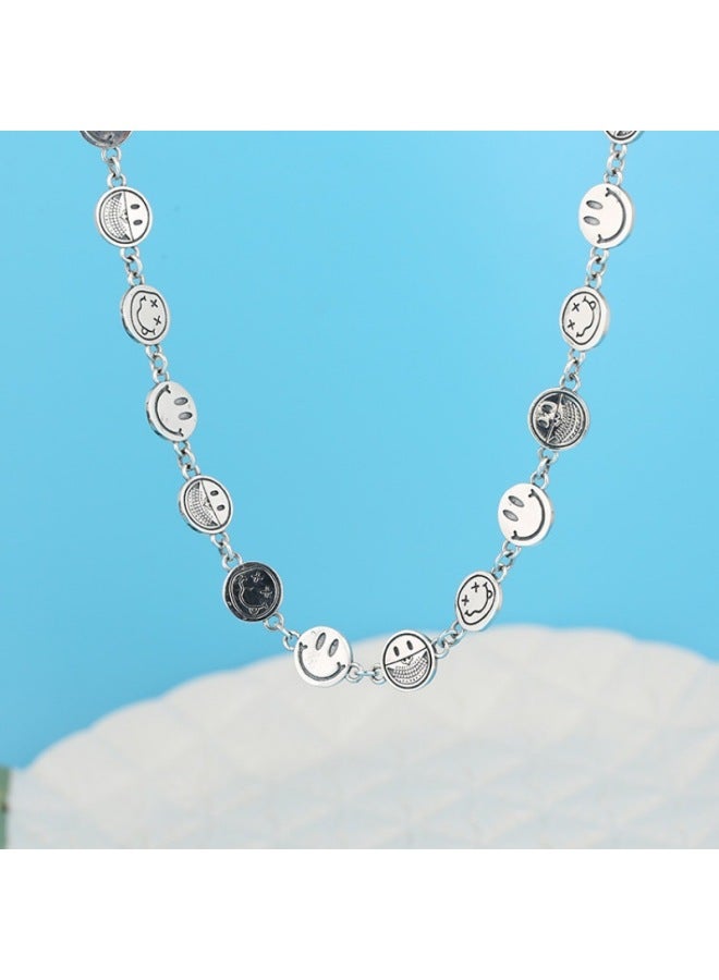 Multiple Smile Expression Necklace Cute Smiling Face Clavicle Chain Korea Dongdaemun S925 Sterling Silver Thai Silver Retro Short Style-Color:40+3cm-925 Silver - Image 1
