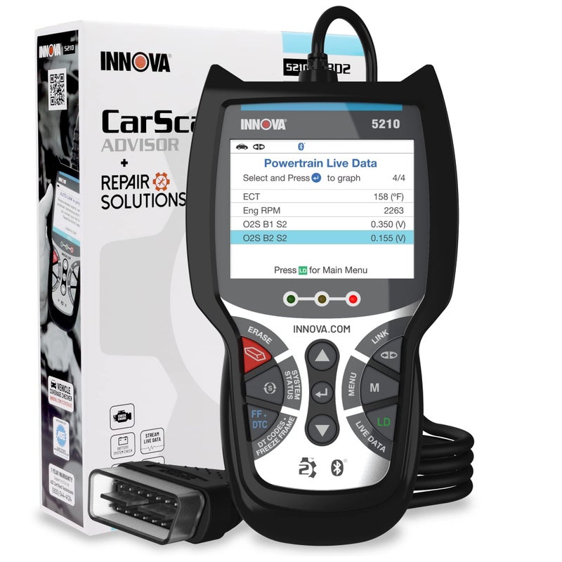 جهاز فحص رموز المحرك Innova 5210 OBD2 واختبار البطارية وبيانات حية وإعادة ضبط الزيت وأداة تشخيص السيارات لمعظم المركبات متوافق مع البلوتوث مع أفضل تطبيقات إصلاح السيارات في الأمريكتين
