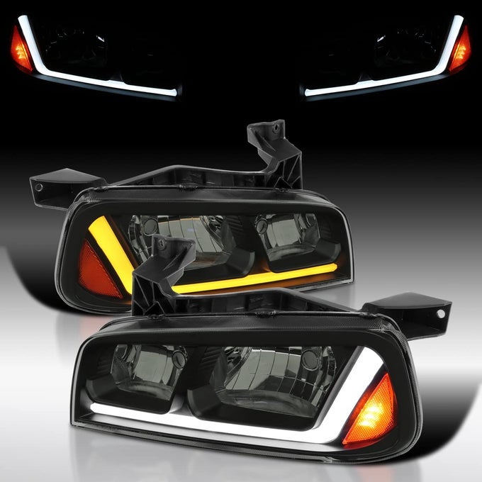 Compatible With 20062010 Dodge Charger 4Dr Sedan Left Right Pair Headlamp Assembly Black Smoke Headlights Wfiber Optic Led Strip And Turn Signal Light