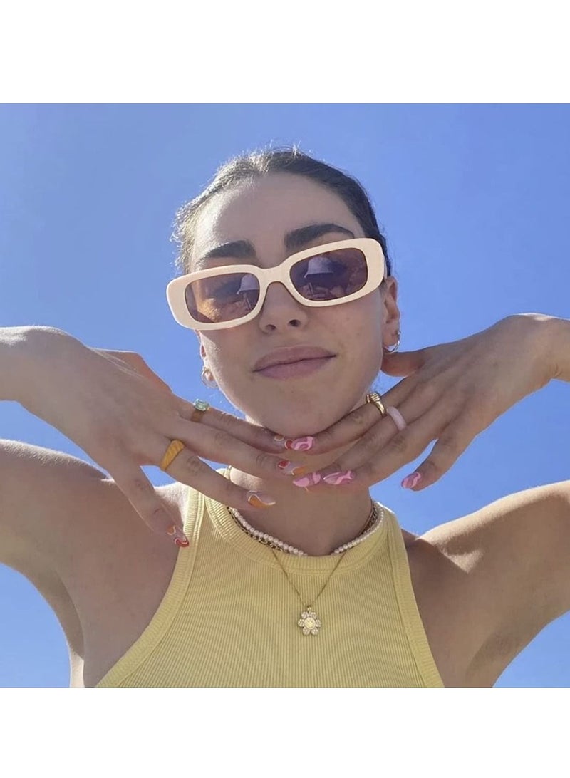 Suntown نظارات شمسية مستطيلة كلاسيكية للنساء والرجال، نظارات شمسية مربعة صغيرة عتيقة، نظارات حماية من الأشعة فوق البنفسجية 400، نظارات قيادة عتيقة 90 ثانية، إطار مربع ضيق مجموعة من 4: اللون أ - Image 2