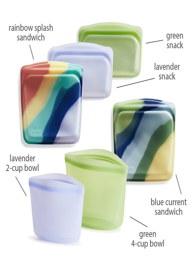 Stasher Reusable Silicone Storage Bag, Food Storage Container, Microwave and Dishwasher Safe, Leak-free, Bundle 6-Pack, Rainbow Splash + Blue Current + Green + Lavender - Image 5