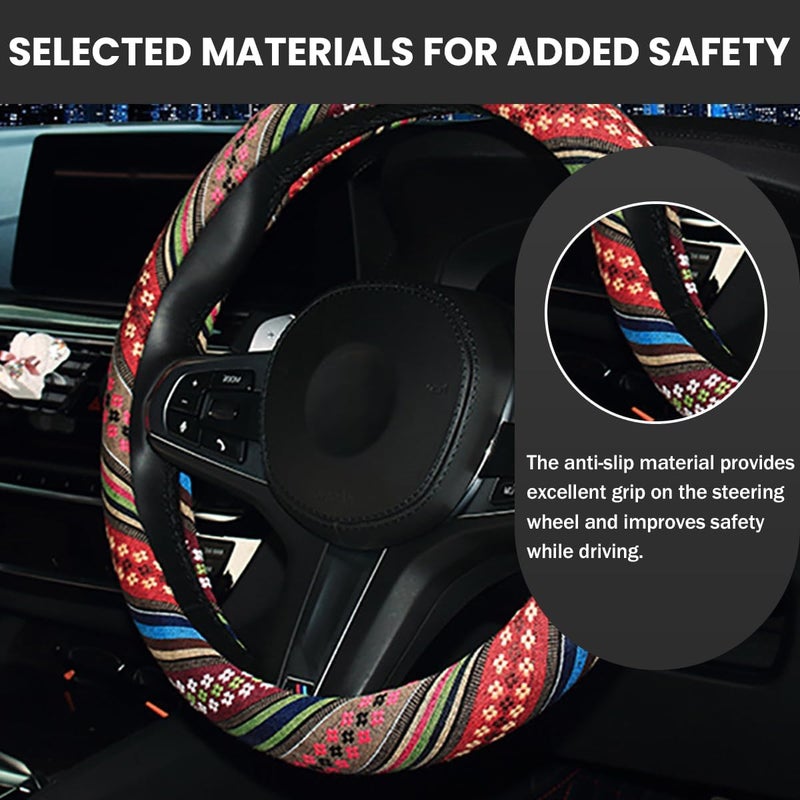 JNNJ Vehicle Steering Wheel Cover, Ethnic Style Coarse Flax Cloth Car Steering Wheel Covers, Anti-Slip And Sweat Absorbing Steering Wheel Cover for Cars, SUVs, Vans, Trucks, Universal(F model) - Image 5