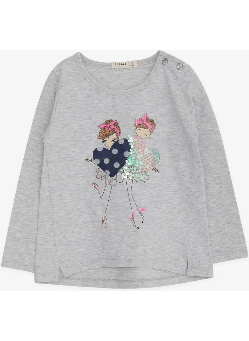 بريز Girl's Long Sleeve T-Shirt Sequin Girl Printed 2-6 Years, Light Gray Melange