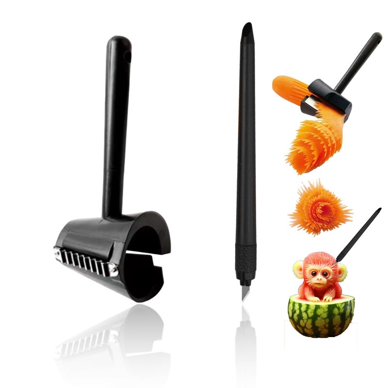 YAFIYGI 2 Pcs Fruit Carving Tools Set Carrot Sharpener Vegetable Curler Peeler Spiral Cutter Shredder Tool for Garnishing Design Cutting Slicer Shaver for Carrots Fruits VegetablesBlack