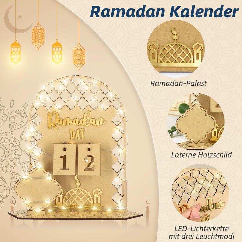 Giftota Ramadan Calendar with LED Fairy Lights - Wooden Decoration for Ramadan and Eid Mubarak - Image 4