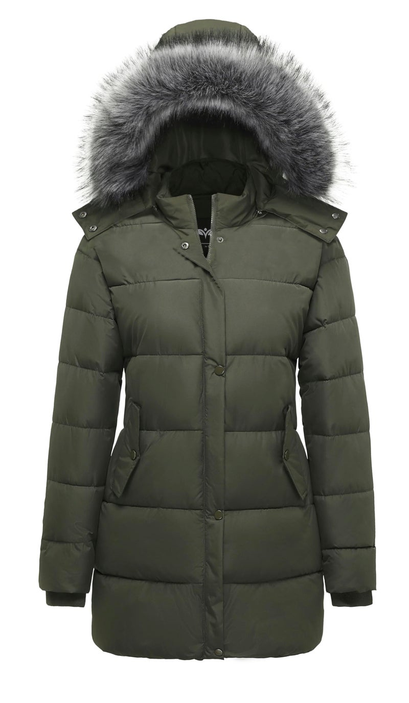 GGleaf Winter Coats for Women Hooded Warm Long Puffer Parka Jacket with Fur Hood Army Green XLarge