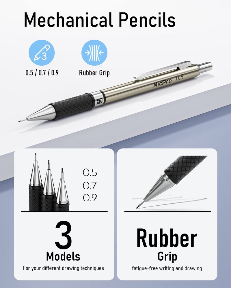 Nicpro 6PCS Art Mechanical Pencil Set, 3PCS Metal Drafting Pencil 0.5 mm & 0.7 mm & 0.9 mm & 3PCS 2mm Graphite Lead Holder (2B HB 2H) For Writing, Sketching Drawing With Lead Refills Case - Image 3