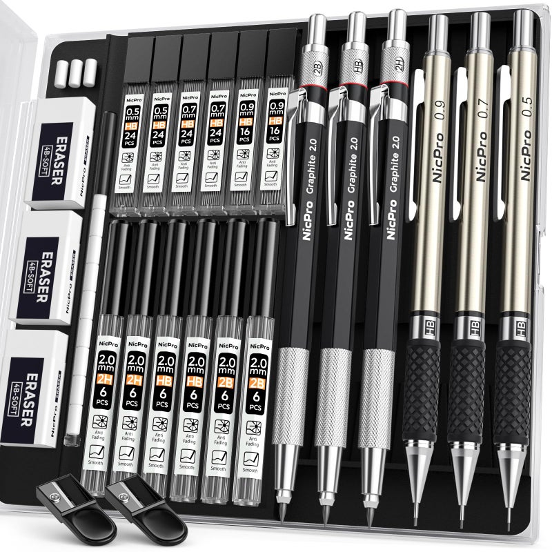 Nicpro 6PCS Art Mechanical Pencil Set, 3PCS Metal Drafting Pencil 0.5 mm & 0.7 mm & 0.9 mm & 3PCS 2mm Graphite Lead Holder (2B HB 2H) For Writing, Sketching Drawing With Lead Refills Case - Image 1