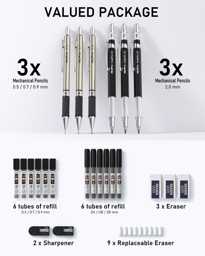 Nicpro 6PCS Art Mechanical Pencil Set, 3PCS Metal Drafting Pencil 0.5 mm & 0.7 mm & 0.9 mm & 3PCS 2mm Graphite Lead Holder (2B HB 2H) For Writing, Sketching Drawing With Lead Refills Case - Image 5