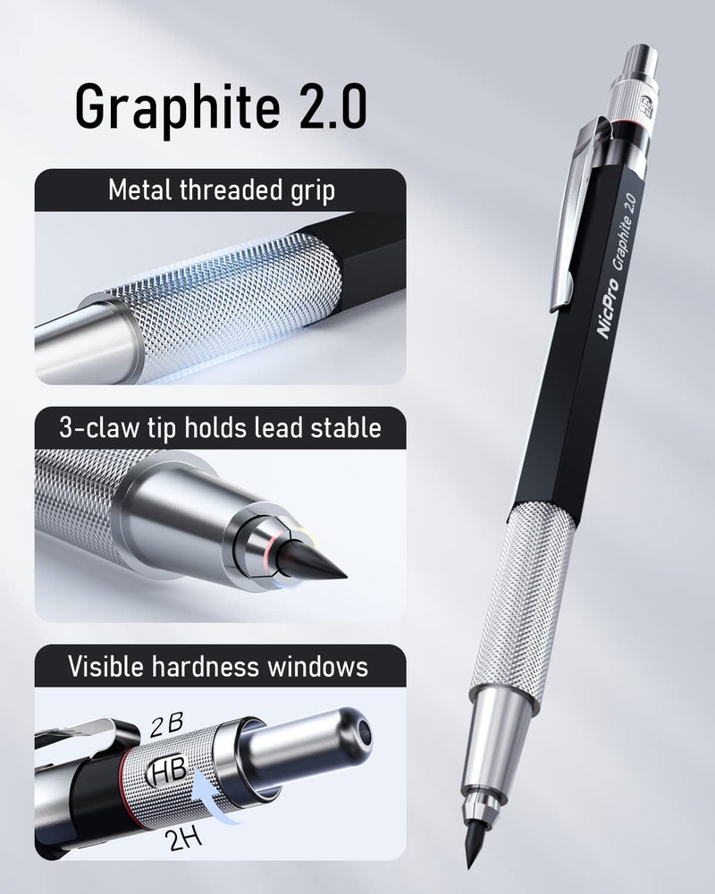 Nicpro 6PCS Art Mechanical Pencil Set, 3PCS Metal Drafting Pencil 0.5 mm & 0.7 mm & 0.9 mm & 3PCS 2mm Graphite Lead Holder (2B HB 2H) For Writing, Sketching Drawing With Lead Refills Case - Image 2