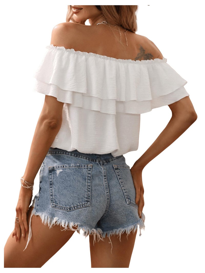 SweatyRocks Women's Off Shoulder Ruffle Trim Knot Front Blouse Tiered Layer Butterfly Short Sleeve Chiffon Tops Summer White L - Image 2