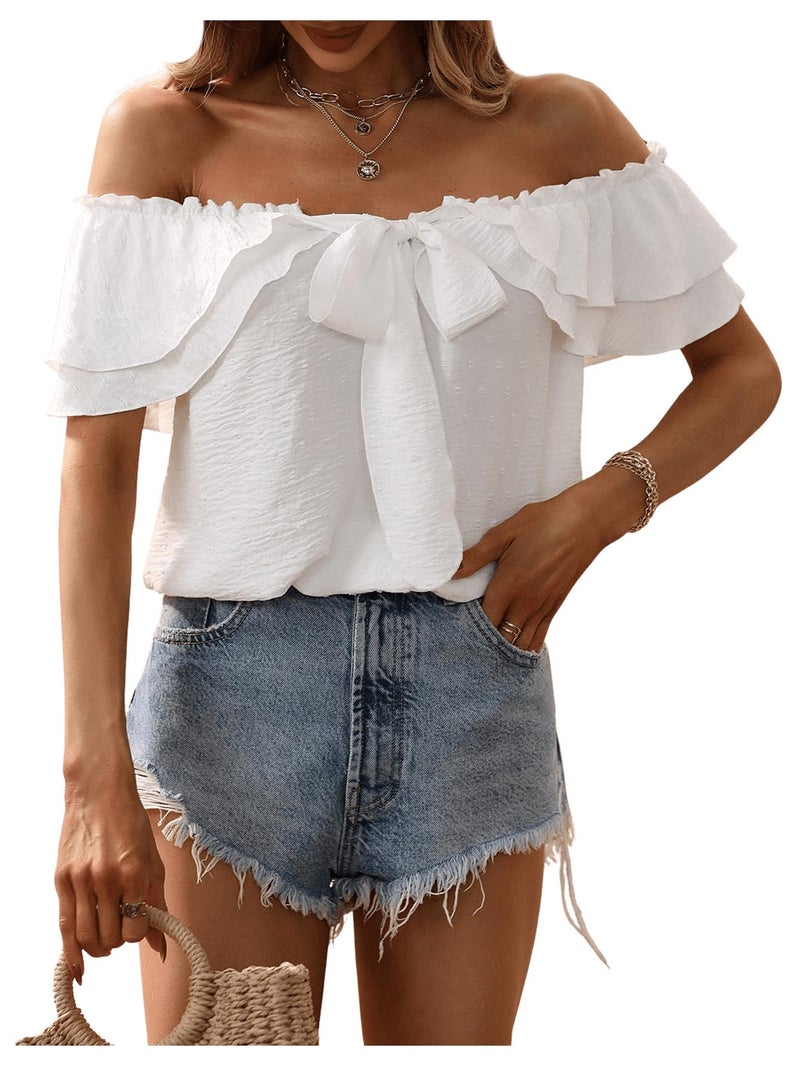 SweatyRocks Women's Off Shoulder Ruffle Trim Knot Front Blouse Tiered Layer Butterfly Short Sleeve Chiffon Tops Summer White L - Image 1