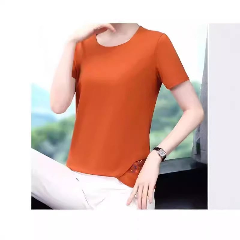Short-sleeved T-shirt Womens Summer 2025 New Arrival Middle-aged Mother Solid Color Top Fashionable Embroidered Half-sleeved T-shirt Trendy T-shirt Light blue - Image 4