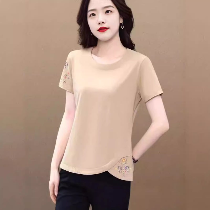 Short-sleeved T-shirt Womens Summer 2025 New Arrival Middle-aged Mother Solid Color Top Fashionable Embroidered Half-sleeved T-shirt Trendy T-shirt Light blue - Image 2