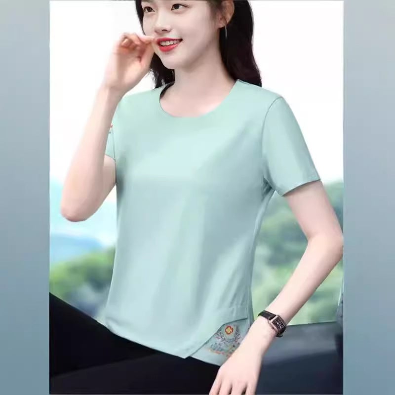 Short-sleeved T-shirt Womens Summer 2025 New Arrival Middle-aged Mother Solid Color Top Fashionable Embroidered Half-sleeved T-shirt Trendy T-shirt Light blue - Image 3
