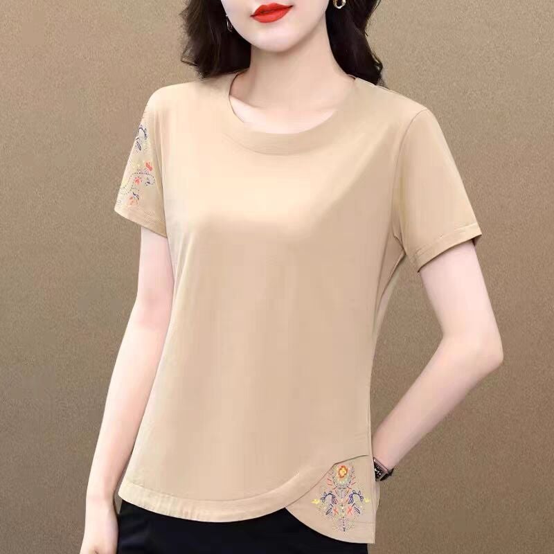 Short-sleeved T-shirt Womens Summer 2025 New Arrival Middle-aged Mother Solid Color Top Fashionable Embroidered Half-sleeved T-shirt Trendy T-shirt Light blue - Image 1