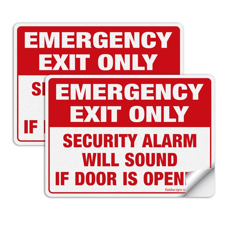 Emergency Exit Only Sticker Emergency Exit Only  Security Alarm Will Sound If Door is Opened Label 2 Pack 10 x 7 inch SelfAdhesive Vinyl Decal Stickers Reflective UV Protected Waterproof