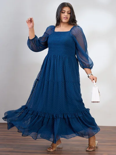 globus Globus Gloplus Women Blue Square Neck Raglan Sleeves Self Design Smocked Tiered Plus Size Fit & Flare Maxi Dress