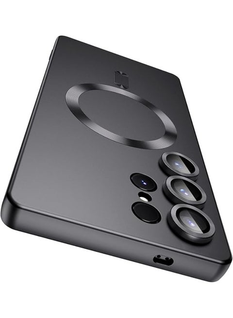 جراب مغناطيسي متوافق مع Samsung Galaxy S23 Ultra [متوافق مع MagSafe] [واقي عدسة الكاميرا المدمج] غطاء هاتف رفيع ناعم من السيليكون مقاوم للصدمات لامع معدني (أسود)