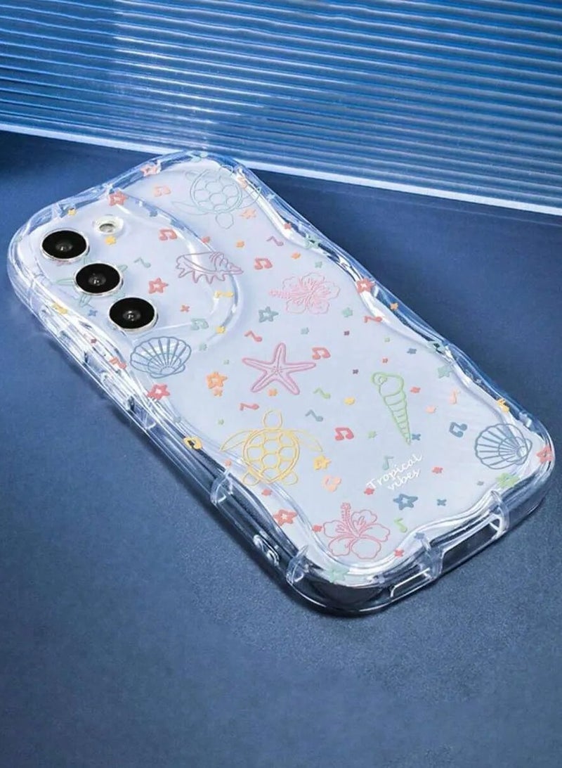 شي إن غطاء هاتف بتصميم نجم البحر والسلحفاة والمرجان والمحار باللون القشدي الراقي متوافق مع سامسونج جلاكسي اس ٢٣