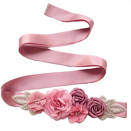 Lauthen.S Sash Belt with Flowers Pearls Rhinestone for Wedding Bride/Baby Shower Dress,Dusty Pink - Image 1