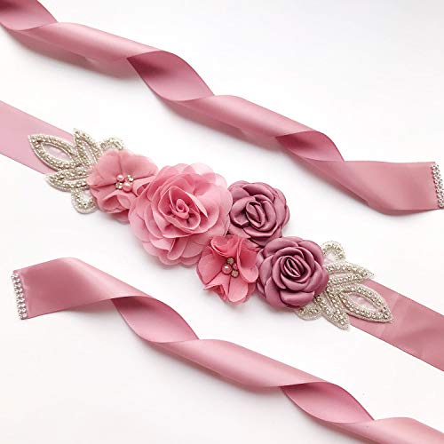 Lauthen.S Sash Belt with Flowers Pearls Rhinestone for Wedding Bride/Baby Shower Dress,Dusty Pink - Image 2