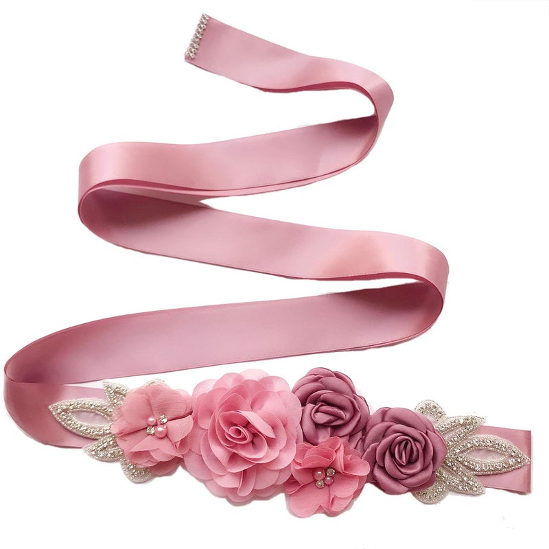 Lauthen.S Sash Belt with Flowers Pearls Rhinestone for Wedding Bride/Baby Shower Dress,Dusty Pink - Image 3