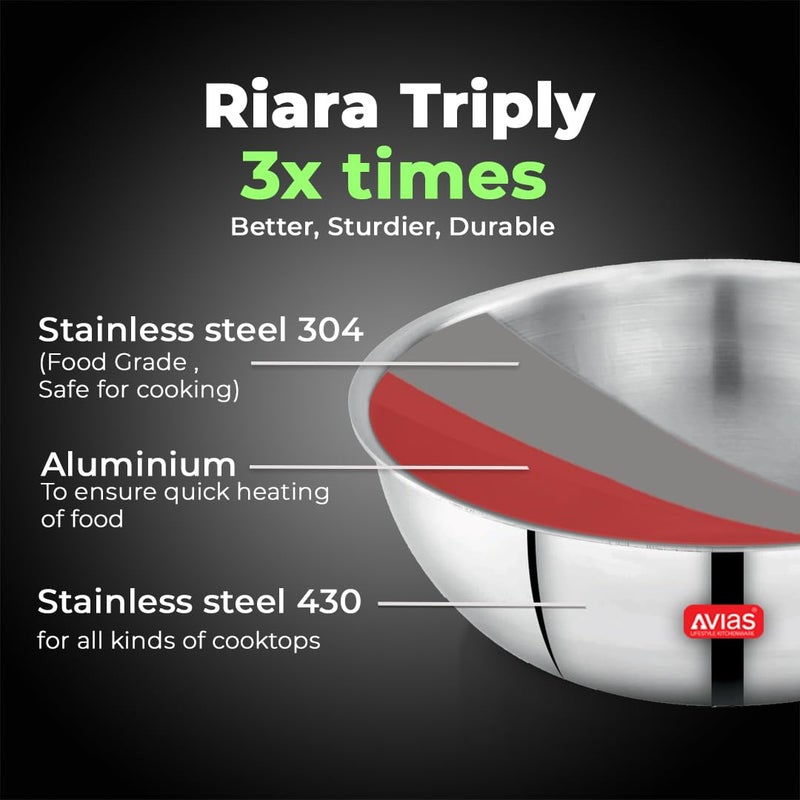 Avias AVIAS Riara Triply Tasla with Lid | 5 Years Warranty | Stainless Steel Tasla kadai, 3 Layered Cookware, Triply Kadai, 2.5mm Thickness, 2.5 litres, 24cm - Image 2