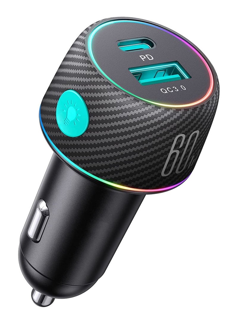 Y&D USB C Car Charger, 60W 2-Port Super Fast Charger Adapter, PD 30W & QC PPS 25W for iPhone 14/13/12, iPad Pro, Samsung Galaxy S22/21/Pixel 7/Moto/LG,7 Color Modes - Image 1