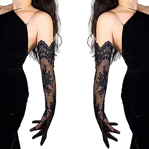 DooWay Black Long Lace Gloves Women Fancy Trimmed Wedding Opera Dance Masquerade Gloves - Image 1