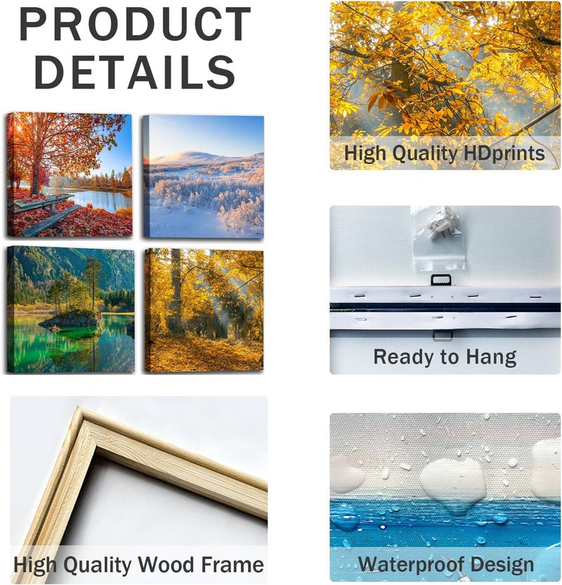 OKEXCKK Four Seasons Landscape Canvas Wall Art Decor - Spring Summer Autumn Winter Colorful Tree Painting Modern Nature Forest Prints Artwork Picture for Bathroom Office Decoration 16"x16"x4 Panels - Image 3