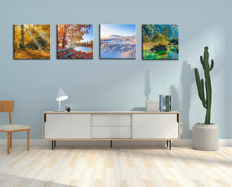 OKEXCKK Four Seasons Landscape Canvas Wall Art Decor - Spring Summer Autumn Winter Colorful Tree Painting Modern Nature Forest Prints Artwork Picture for Bathroom Office Decoration 16"x16"x4 Panels - Image 2