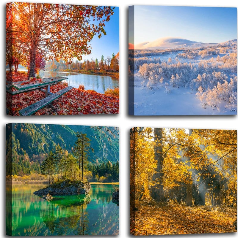 OKEXCKK Four Seasons Landscape Canvas Wall Art Decor - Spring Summer Autumn Winter Colorful Tree Painting Modern Nature Forest Prints Artwork Picture for Bathroom Office Decoration 16"x16"x4 Panels - Image 1