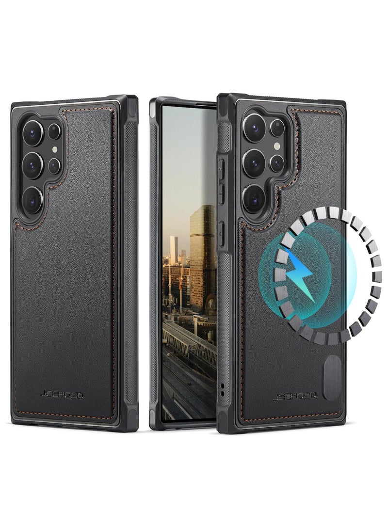 JEEHOOD CaseMe Phone Case Compatible with Samsung Galaxy S25 Ultra Luxury PU Leather Back Cover Cover Magnetic Wireless Charging Compatible with Samsung Galaxy S25 Ultra (Black)