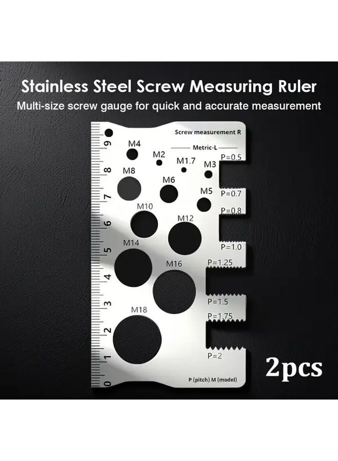 2pcs Silvery Stainless Steel Screw Bolt Measuring Ruler Precision Thread Distance Gauge - Image 1