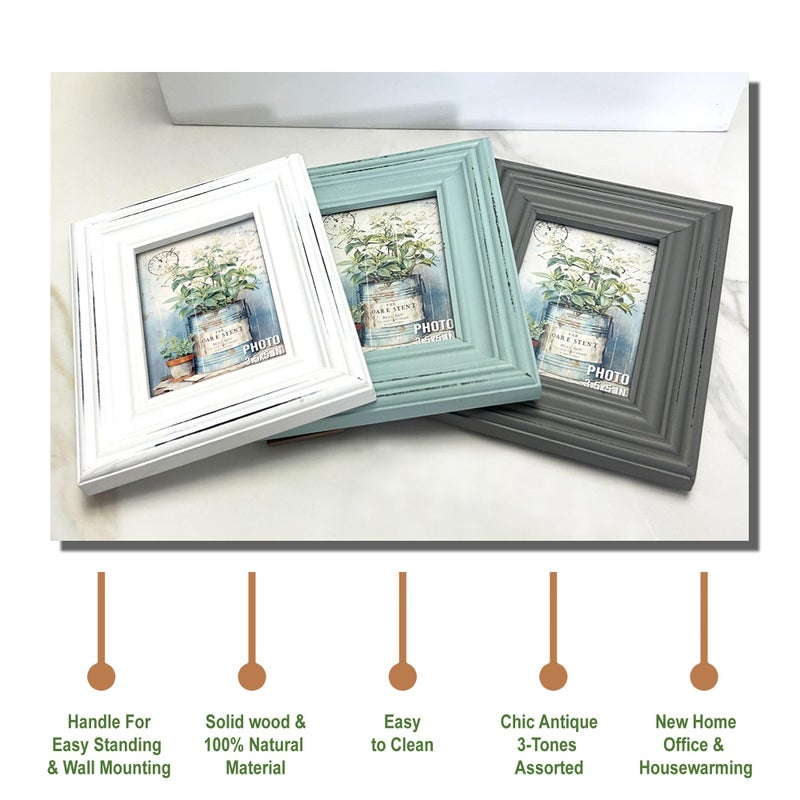 EXQUIDECA Chic Vintage 3.5x5 Inches Wooden Picture Frame Pack of 3 Farmhouse Aqua Grey White - Rustic Thick Wood High Definition Glass Photo Frame Outside 6.1x7.7 Inches - Image 2