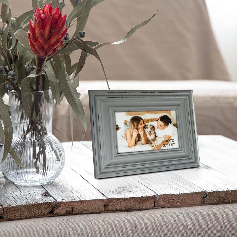 EXQUIDECA Chic Vintage 3.5x5 Inches Wooden Picture Frame Pack of 3 Farmhouse Aqua Grey White - Rustic Thick Wood High Definition Glass Photo Frame Outside 6.1x7.7 Inches - Image 5