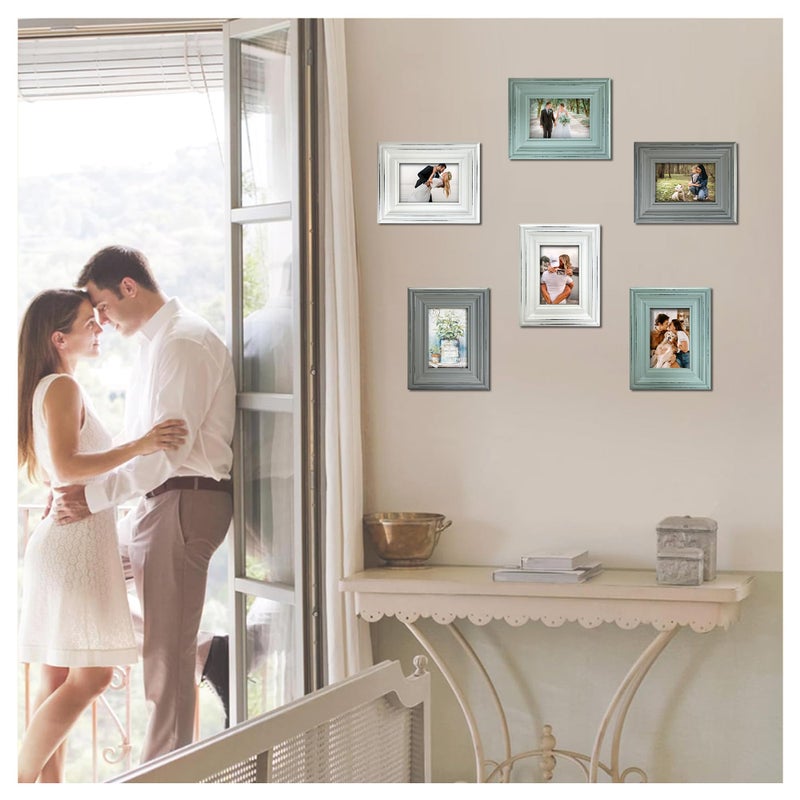 EXQUIDECA Chic Vintage 3.5x5 Inches Wooden Picture Frame Pack of 3 Farmhouse Aqua Grey White - Rustic Thick Wood High Definition Glass Photo Frame Outside 6.1x7.7 Inches - Image 3