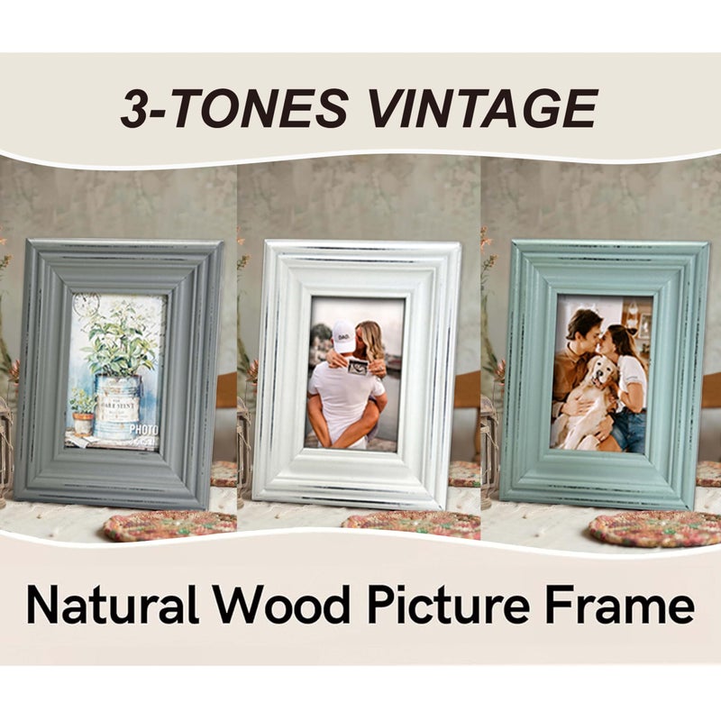 EXQUIDECA Chic Vintage 3.5x5 Inches Wooden Picture Frame Pack of 3 Farmhouse Aqua Grey White - Rustic Thick Wood High Definition Glass Photo Frame Outside 6.1x7.7 Inches - Image 4