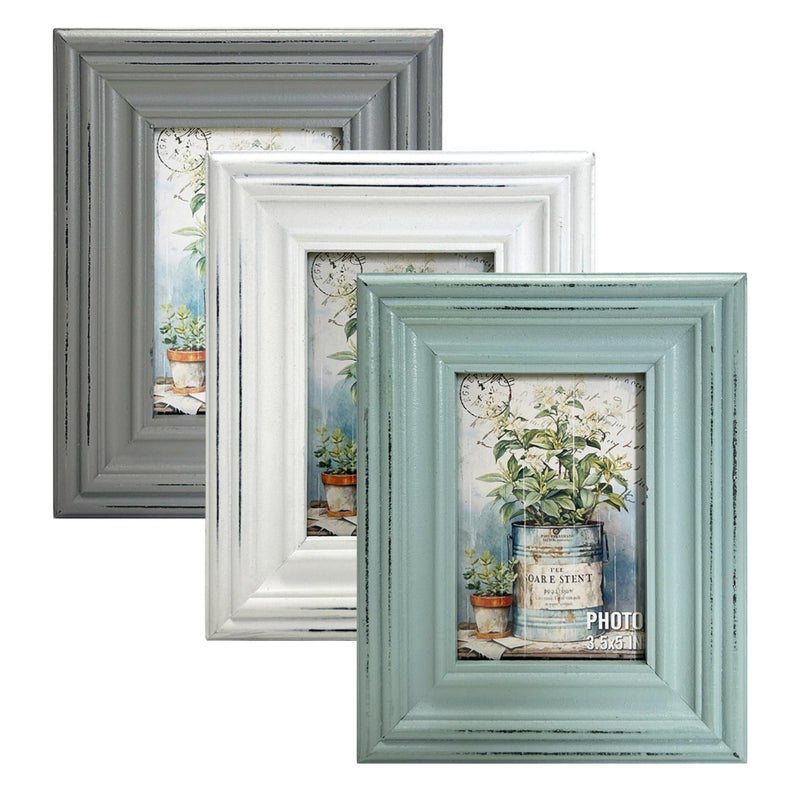 EXQUIDECA Chic Vintage 3.5x5 Inches Wooden Picture Frame Pack of 3 Farmhouse Aqua Grey White - Rustic Thick Wood High Definition Glass Photo Frame Outside 6.1x7.7 Inches - Image 1