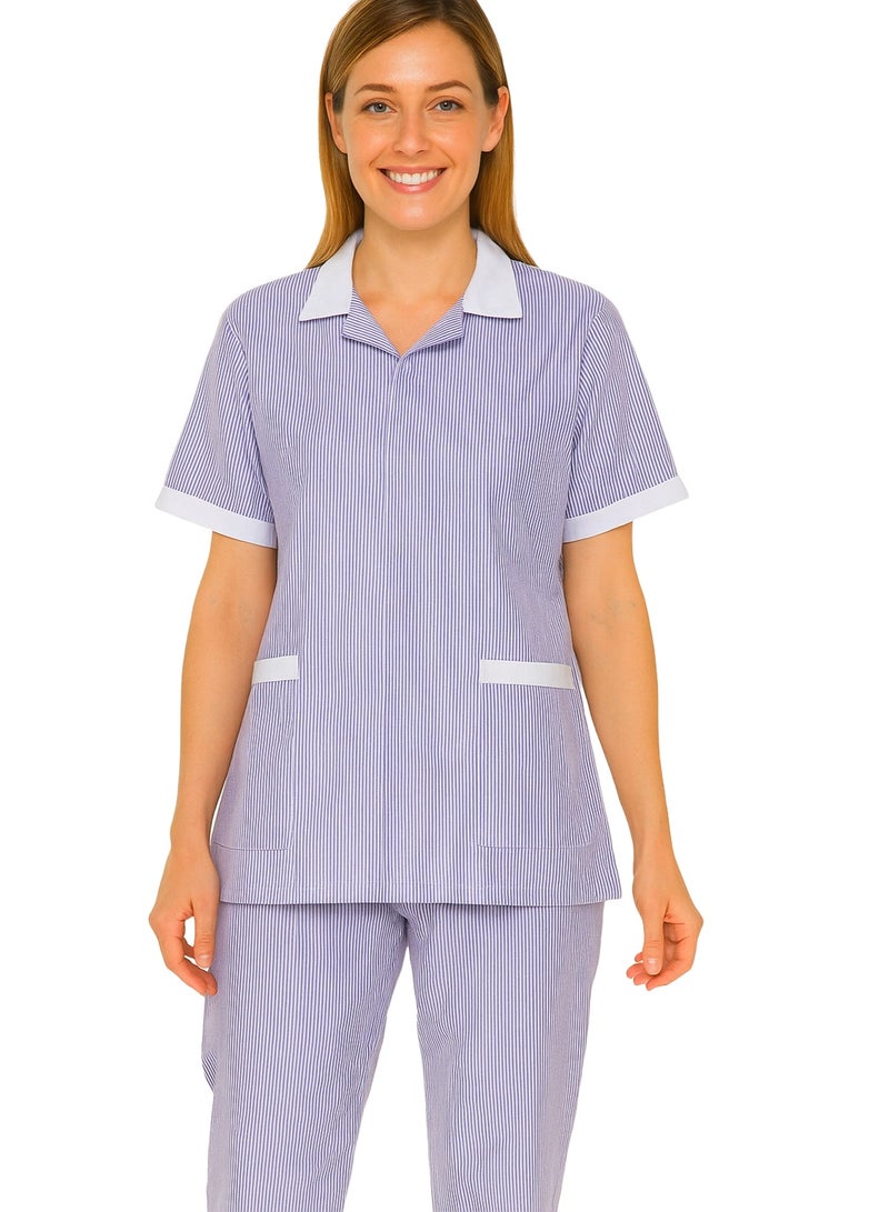 Rannah's Uniform Women’s Striped Housemaid Uniform Set – Short Sleeve Top and Matching Pants, Lightweight Workwear for Domestic Helpers, Cleaning Staff & Caregivers - Image 1