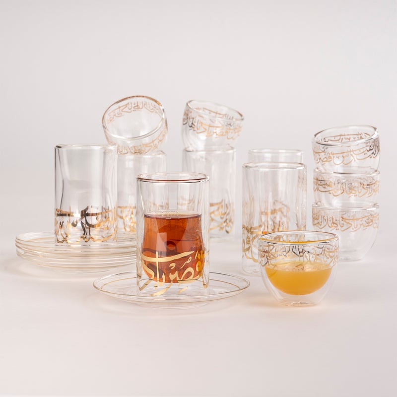 طقم شاي وقهوة 18 قطعة بطبقة مزدوجة,  تصميم الخط العربي لون ذهبي - Image 4